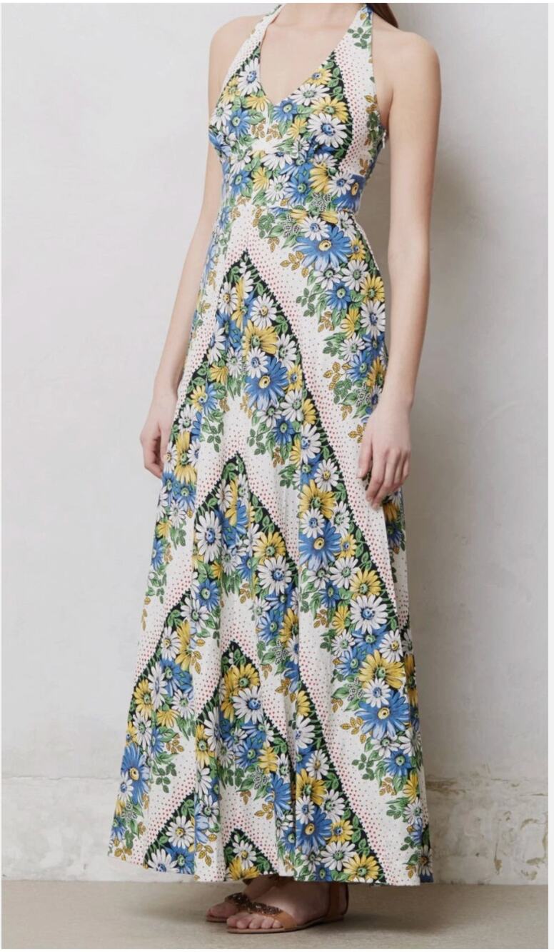 ANTHROPOLOGIE Postmark Soraya Floral Halter Linen Blend Maxi Dress // 4